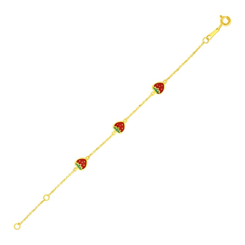 14k Yellow Gold Childrens Bracelet with Enameled Strawberries (1.00 mm)