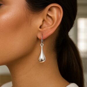 Long Teardrop Puff Drop Earrings Sterling Silver