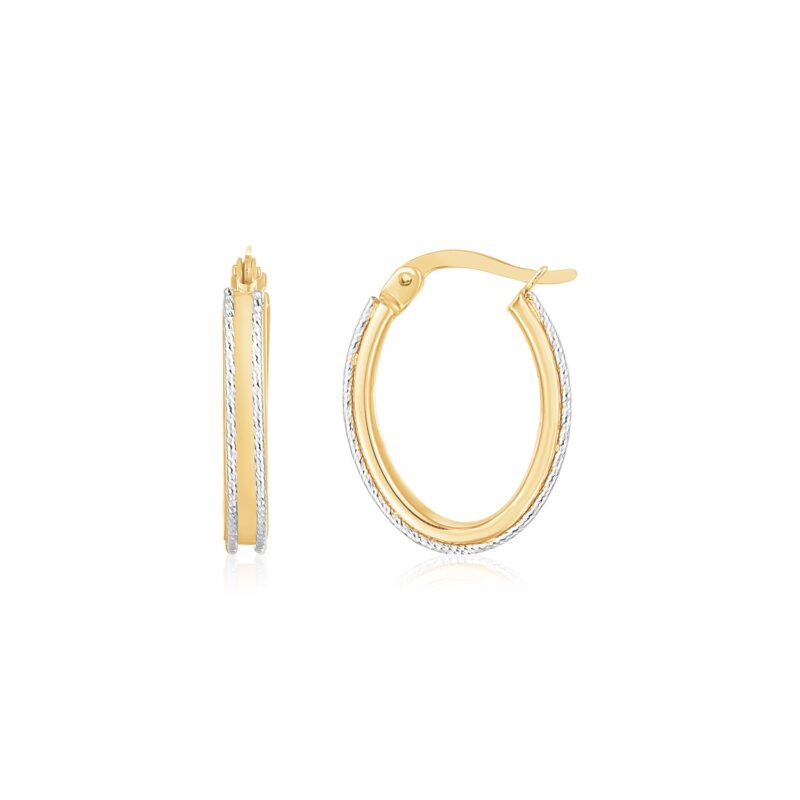 Oval Hoop Earrings 14K Two Tone Gold Diamond Cut
