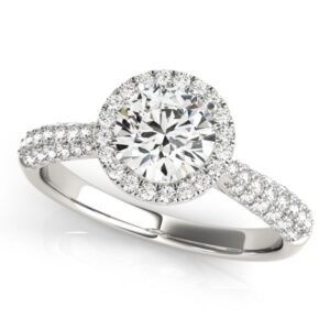 1.3 Carat Halo Diamond Engagement Ring with Pave Band 14k White Gold