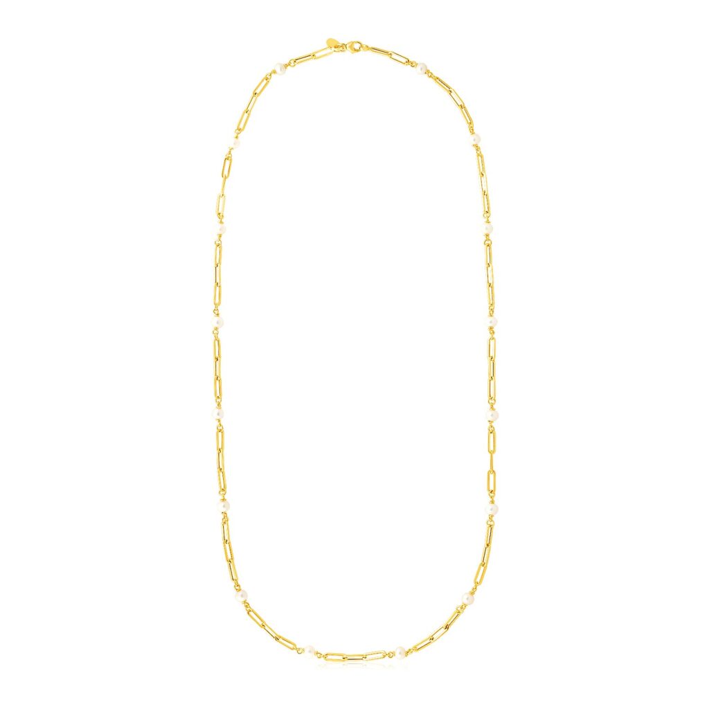 14k Yellow Gold Paperclip Chain and Pearl Necklace