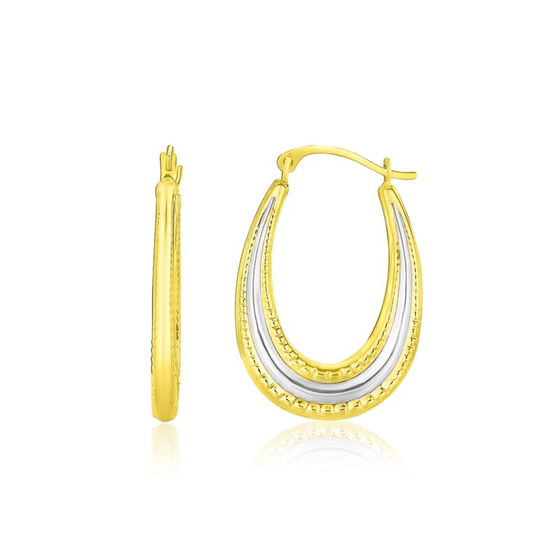 Small Oval Hoop Earrings 10k Two-Tone Gold Graduated Textured