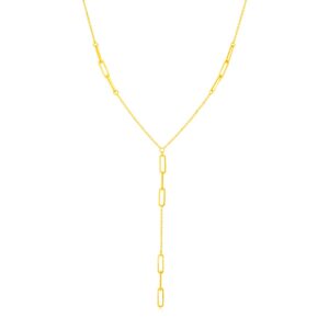 14K Yellow Gold Lariat Necklace with Paperclip Chain Stations
