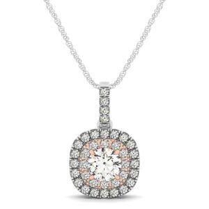 Cushion Cut Halo Diamond Pendant Necklace 1/2 carat 14k White And Rose Gold