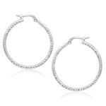 14k White Gold Small Thin Hoop Earrings Tube Textured Round (1.5x25mm)
