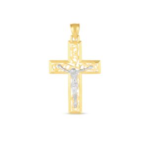Crucifix Cross Pendant 14k Real Yellow and White Gold Diamond Cut