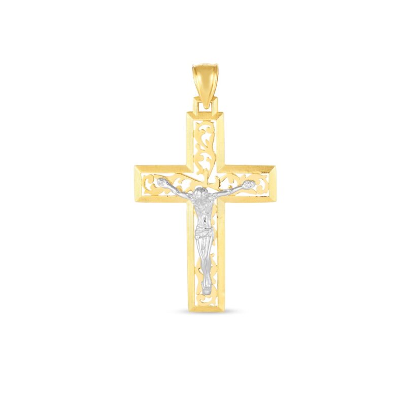 Crucifix Cross Pendant 14k Real Yellow and White Gold Diamond Cut