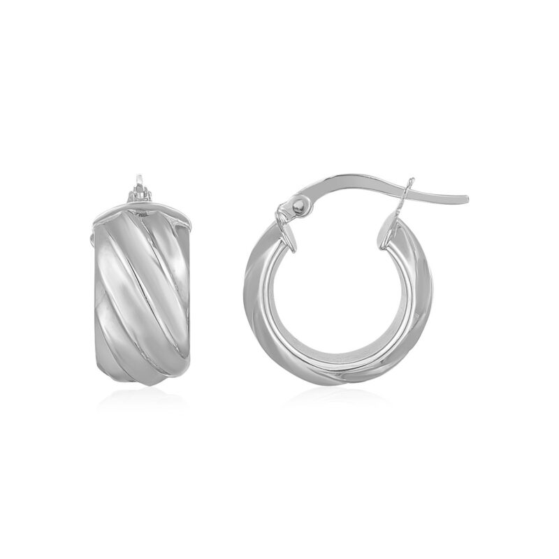 14K White Gold Ribbed Hoop Earrings Small Wide