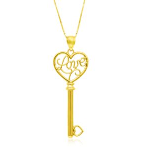 14k Yellow Gold Skeleton Key Style LOVE Pendant Necklace
