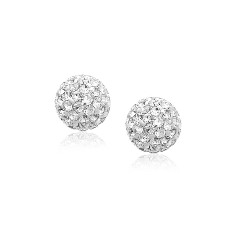 White Crystal Ball Stud Earrings 14k Gold (8mm)