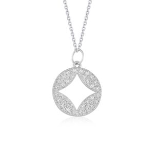 Diamond Studded Circle Pendant Necklace with Cut-out 1/3 cttw 14k White Gold