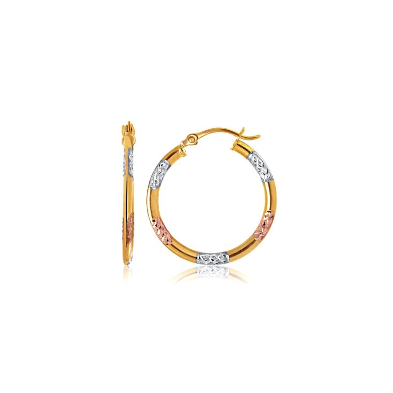 Classic Thin Short Hoop Earrings with Diamond Cut 10k Tri-Color Gold (20mm)