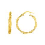 Twisted Round Hoop Earrings 14k Yellow Gold Two Part Textured (3mmx25mm)