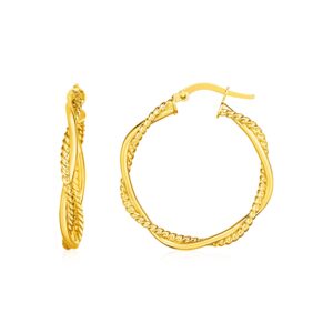 Twisted Round Hoop Earrings 14k Yellow Gold Two Part Textured (3mmx25mm)