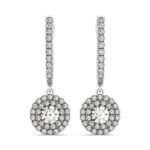 Double Halo Round Diamond Drop Earrings 1 Carat 14k White Gold