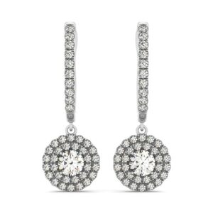 Double Halo Round Diamond Drop Earrings 1 Carat 14k White Gold