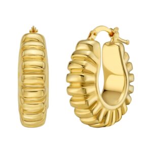 Puffed Ribbed Hoop Earrings 14K Yellow Gold Polished