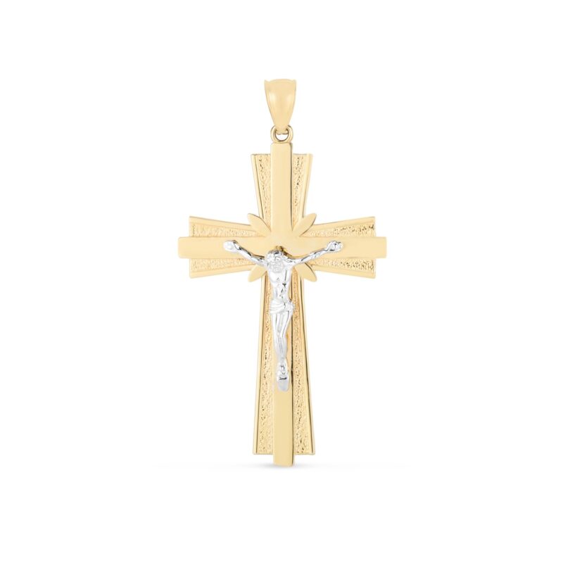 14k Yellow & White Gold Big Crucifix Cross Pendant Diamond Cut