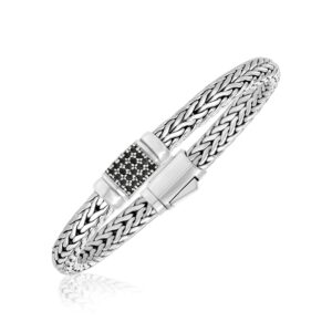 Sterling Silver Weave Style Bracelet with Black Sapphire Accents (7.1 mm)