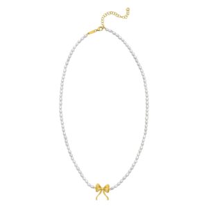 14K Yellow Gold Bow and Pearl Necklace