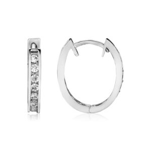 Sterling Silver Oval Hoop Earrings with Cubic Zirconias (3x15mm)