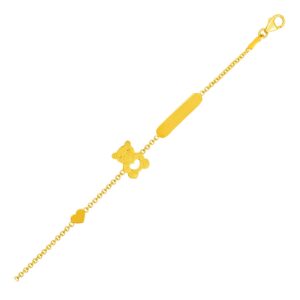14k Gold Childrens Teddy Bear Heart and Bar Bracelet