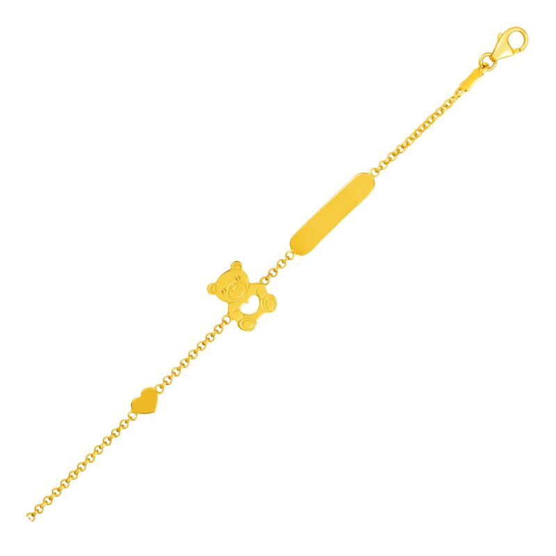 14k Gold Childrens Teddy Bear Heart and Bar Bracelet