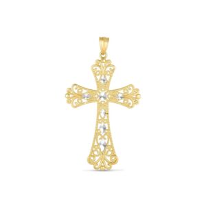 14k Two Tone Gold Long Wide Diamond Cut Cross Pendant