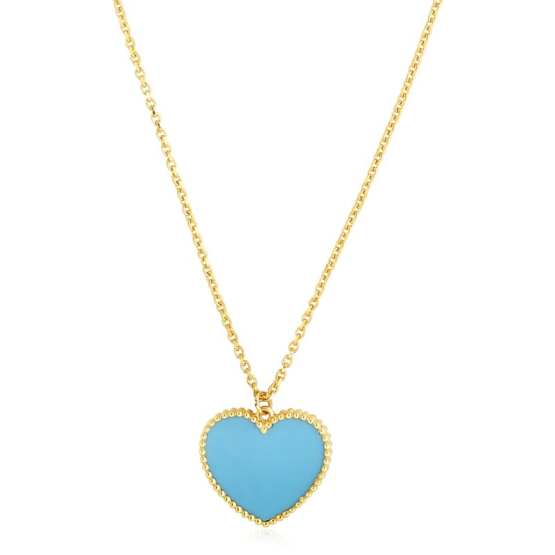 14k Yellow Gold Heart Turquoise Paste Necklace High Polish