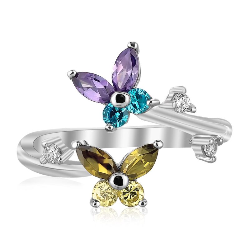 Floral Toe Ring with Multi-Tone Purple, Yellow, Turquoise Cubic Zirconia Sterling Silver