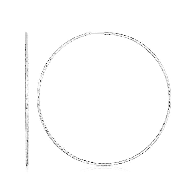 Sterling Silver Large Hoop Earrings Textured Round (1.6x60mm)
