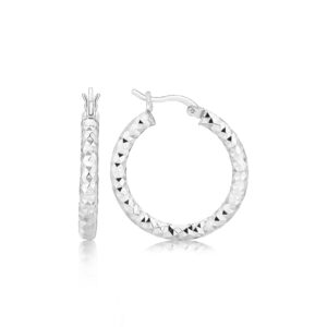 Hoop Earrings with Faceted Style Rhodium Finishing Sterling Silver (3x20mm)