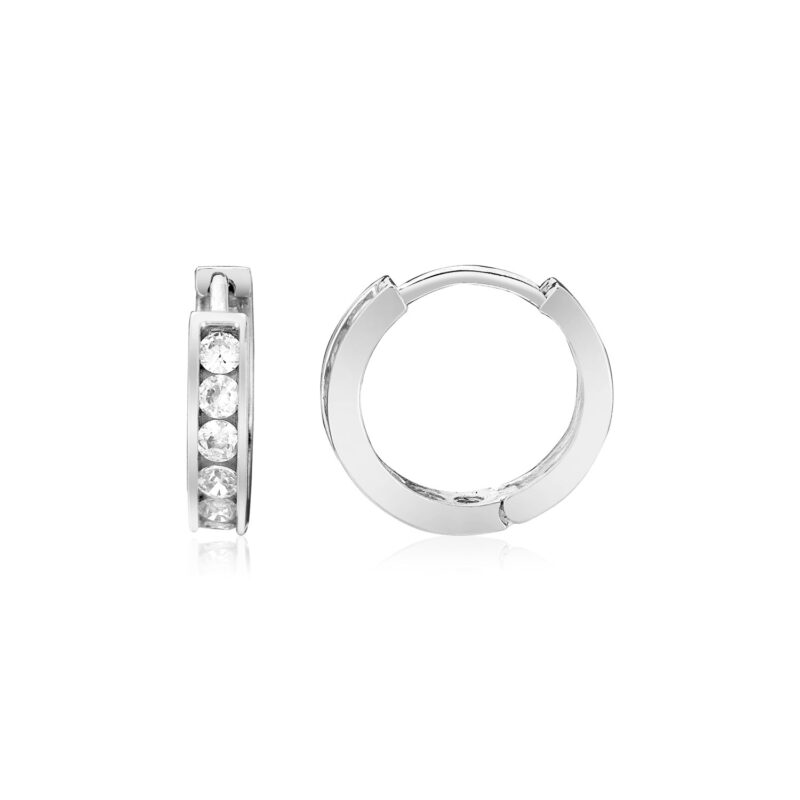 Petite Hoop Earrings with Cubic Zirconias Sterling Silver (3x10mm)