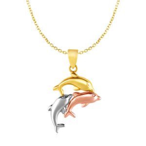 Three Dolphins Pendant Necklace 10k Tri Color Gold