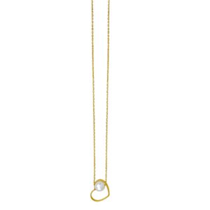 Open Heart and Pearl Necklace in 14K Yellow Gold