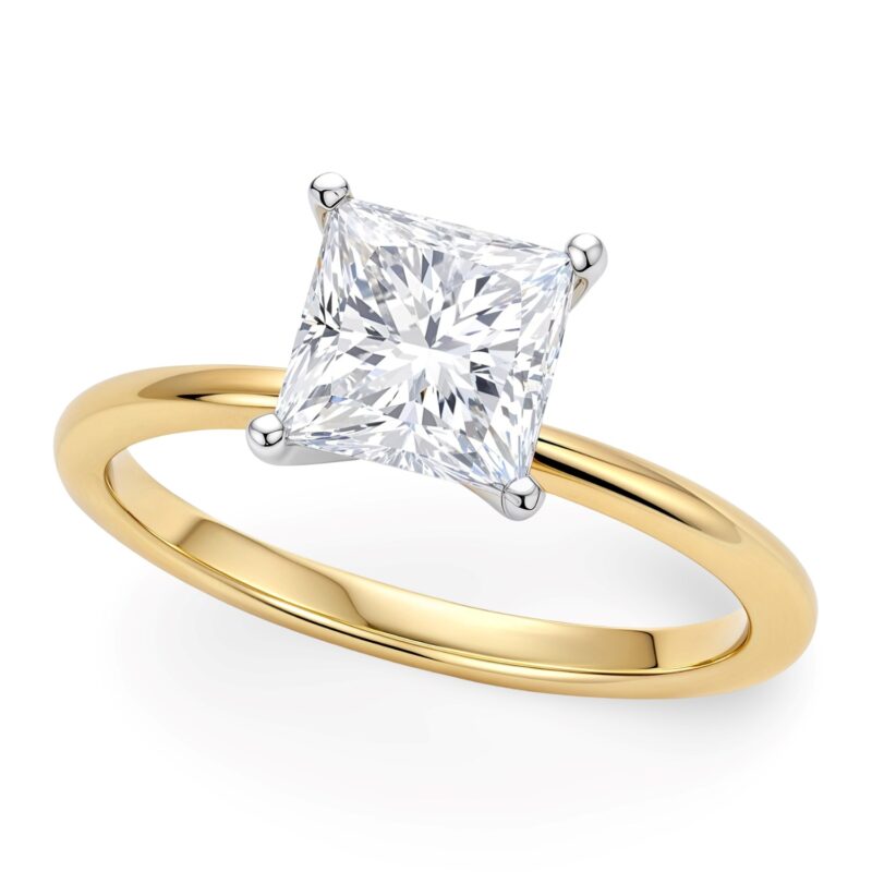 1 Carat Princess Cut Lab Grown Diamond Solitaire Ring in 14K Yellow Gold IGI G/VS1
