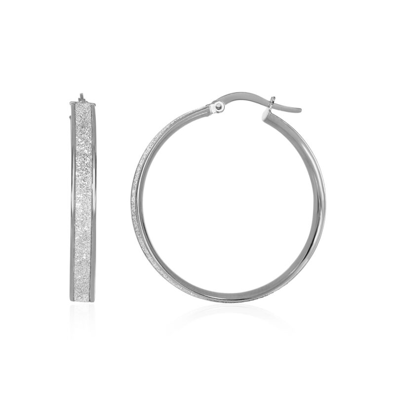 14k White Gold Hoop Earrings with Center Glitter Look Design (4x30mm)