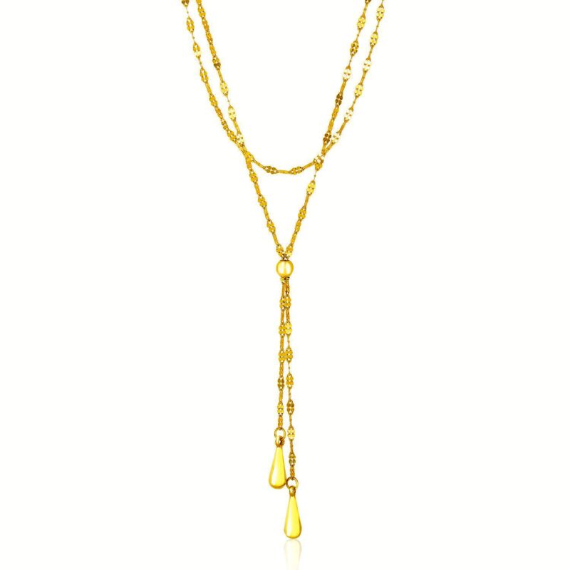 14k Gold Double Strand Chain with Puffed Heart Lariat Necklace