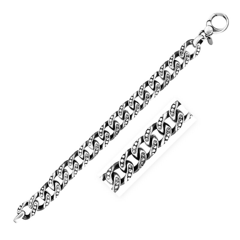 Sterling Silver Gunmetal Finish Cuban Link Bracelet with Dots (13.5 mm)