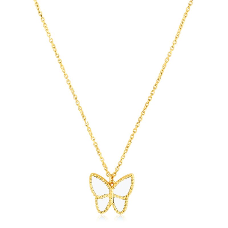14k Yellow GoldButterfly Peral Paste Necklace High Polish