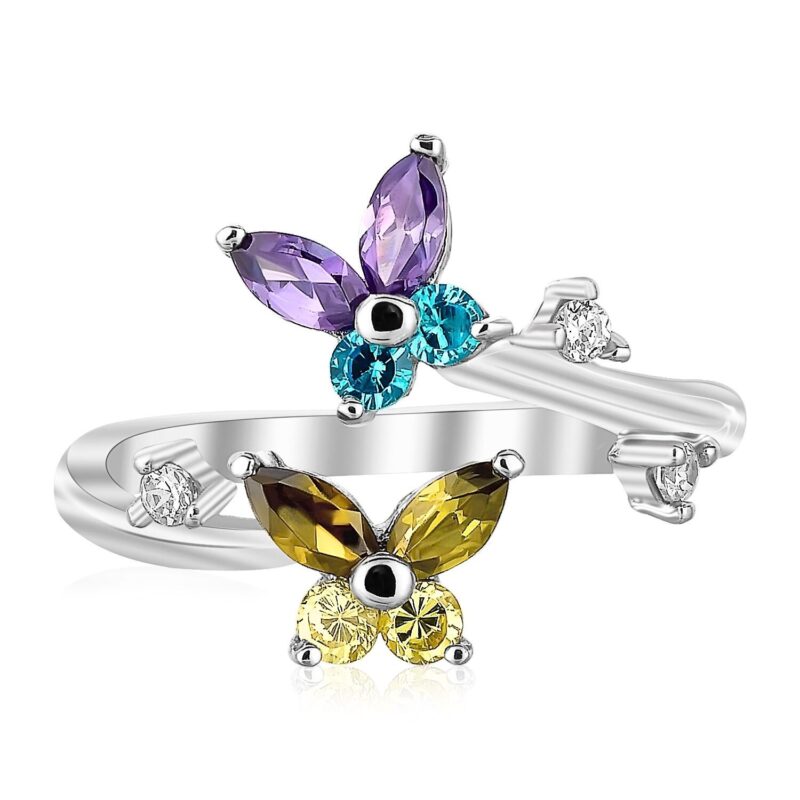 Floral Toe Ring with Multi-Tone Purple, Yellow, Turquoise Cubic Zirconia Sterling Silver Floral Toe Ring with Multi-Tone Purple, Yellow, Turquoise Cubic Zirconia Sterling Silver