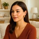 Medium Size 14k Yellow Gold Wide Hoop Earrings on Woman Model