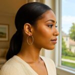 Model Wearing 10k Yellow Gold Hoop Earrings 40mm x 1.5mm Thickness Model Wearing 10k Yellow Gold Hoop Earrings 40mm x 1.5mm Thickness