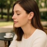 Model Wearing 14k Rose Gold Medium Hoop Earrings 25mm x 2mm