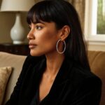 Model Wearing 14k White Gold Round Hoop Earrings 40mm x 2mm for Women Model Wearing 14k White Gold Round Hoop Earrings 40mm x 2mm for Women