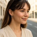 Model Wearing 14k White Gold Thin Small Hoop Earrings 20mm x 2mm