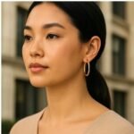 Model Wearing 14k Yellow Gold Medium Hoop Earrings 30mm x 3mm