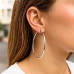 Model Wearing 75mm Hoop Earrings Sterling Silver 3 Inch Rectangular Cut