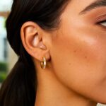 Octagonal Hoop Earrings with Cubic Zirconia 14K Yellow Gold