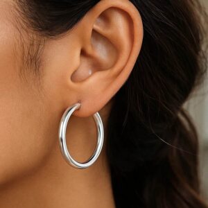 Thick Large Hoop Earrings 40mm x 4mm Sterling Silver